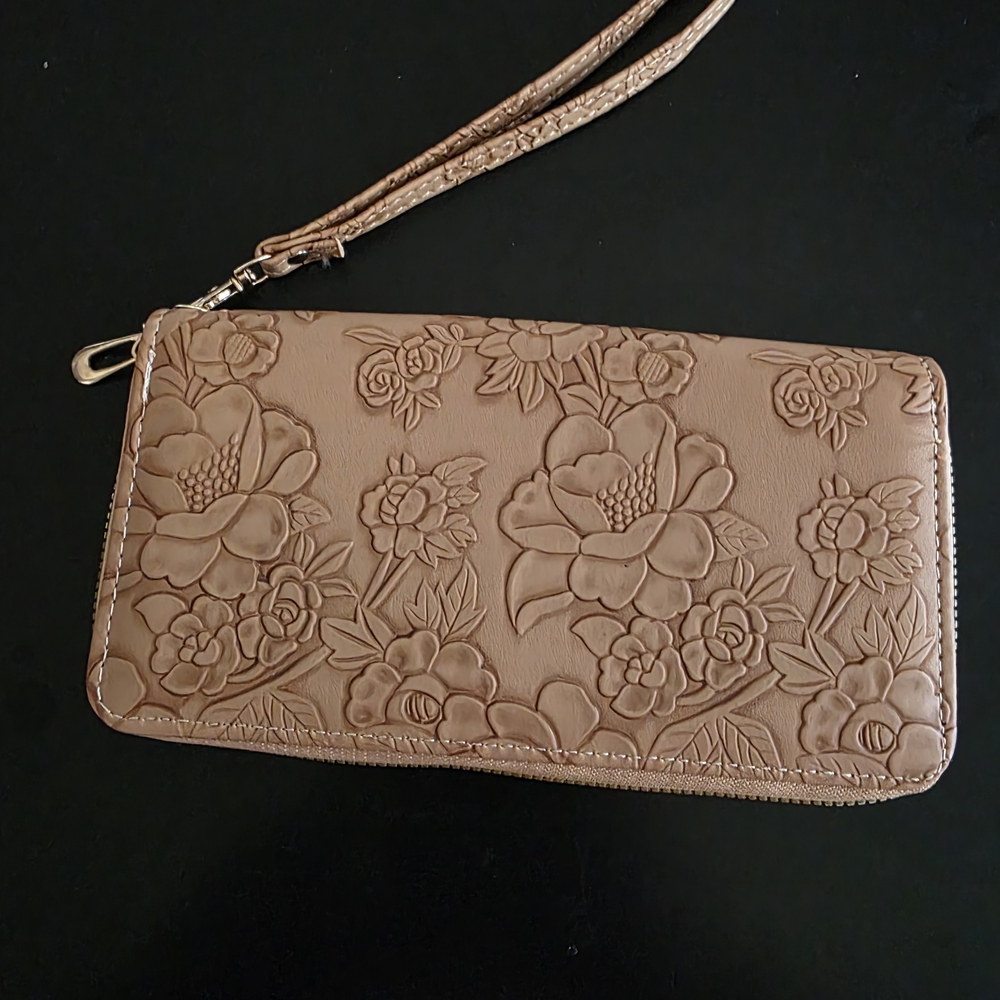 Floral Embossed Tan Wristlet